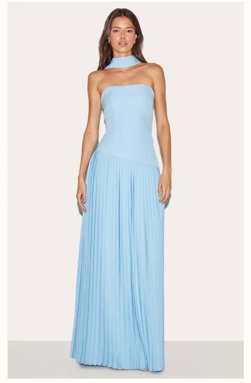 PrettyLittleThing Light Blue Drop Waist Neck Scarf Pleated Maxi Strapless Dress